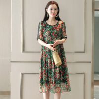 真丝桑蚕丝连衣裙女2021新款夏装印花宽松显瘦中长款碎花a字裙子 花色 M