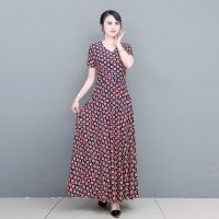 [清仓特价]2021夏季新款凉爽透气女连衣裙高腰显瘦短袖大摆长裙 红色 印花 M