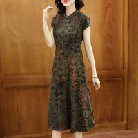 重磅仿真丝香云纱连衣裙女2020新款高端妈妈夏装重工贵妇人印花裙 提花缎 L