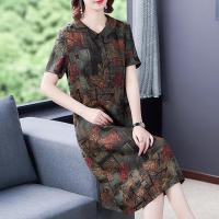 2020夏装新款香云纱真丝连衣裙妈妈装高档桑蚕丝印花裙中老年裙子 绿色 L 建议100-115