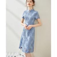 时然2021夏季新款时尚气质复古优雅蕾丝透气旗袍款短袖连衣裙女 灰蓝色 S
