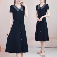 [杭州原版]2021夏季新款高档蕾丝拼接中长款减龄气质连衣裙 蓝色 M[建议85-105斤左右]