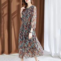 碎花仿真丝连衣裙女2021秋装新款气质显瘦中长款仿桑蚕丝妈妈长裙 花色 M