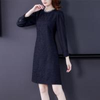 品牌折扣专柜特价女装2021秋黑色轻奢连衣裙名媛褶皱长袖A字裙子 藏蓝色 M