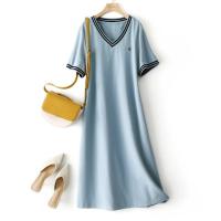 海谧短袖连衣裙女2021夏季新款时尚简约通勤休闲风宽松显瘦裙子 灰蓝色 M