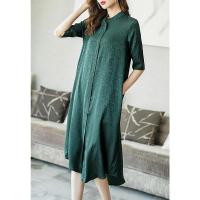 中高端半袖冰丝过膝复古连衣裙女中长款夏季新款高级大码衬衫裙子 绿色 M 建议105斤以内