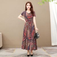 大码连衣裙夏装新款冰丝长裙小清新印花大摆裙宽松显瘦胖妹妹长裙 柚红色 M 建议90-100斤