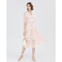 拉夏贝尔收腰显瘦碎花雪纺连衣裙女2021年春夏季新款气质V领a字裙 粉色碎花 S