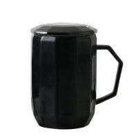 陶瓷喝水杯女男办公室茶杯带盖镜面咖啡杯北欧简约家用马克杯 黑色咖啡杯 杯+盖[防撞泡沫包装]