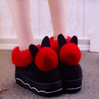 棉拖鞋女冬季时尚厚底防滑居家保暖毛毛鞋耳朵毛球包跟棉鞋月子鞋 9202红色 38-39码