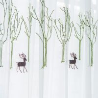 特价清仓窗帘纱帘北欧风卧室成品飘窗阳台卧室客厅窗帘布防蚊窗纱 丛林麋鹿-绿色树 1米不加工