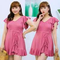 新款特加肥大码泳衣女胖mm200斤显瘦遮肚宽松保守分体裙式泳装 豆沙色092630 XL 建议100-120斤