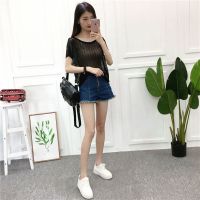 女纱网短袖T恤 上衣短袖气质2021新款春夏宽松圆领小衫蕾丝打底衫 黑色[单上衣]无内衬 S 95斤内仅供参考