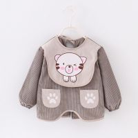 秋冬儿童罩衣男女宝宝反穿衣防水防脏长袖围裙婴儿吃饭衣画画衣 竖条大口水巾[小白狗][灰色] 14码/80[建议0-1岁]