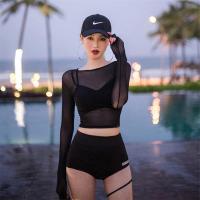 比基尼温泉泳衣女三件套仙女范显瘦遮肚性感聚拢韩国ins泳装罩衫 黑色 L