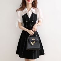 假两件连衣裙女2021夏装新款气质女神范收腰A字裙法式优雅桔梗裙 白色 XL