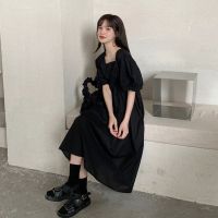 夏季新款复古方领短袖黑色学院风连衣裙女学生宽松中长款A字裙子 黑色[收藏店铺送小礼物] S