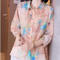 苎麻上衣女装2021夏季新款时尚气质花色减龄印花显瘦套头翻领衬衫 粉蓝 M 85-95