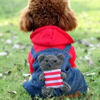 秋冬款宠物衣服双层加厚保暖小型犬泰迪猫咪狗狗衣服牛仔衣四脚衣 四脚泰迪熊-红色(加厚保暖) XS-背长20厘米内