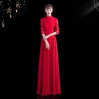 大合唱演出服女长裙中老年合唱团体服装主持人礼服诗歌朗诵合唱服 红色立领长裙 S