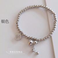 [不褪色不过敏]钛钢保色招财纳福葫芦流苏圆珠包金弹力串手链 银色