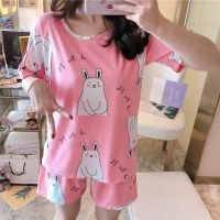 睡衣女夏薄款韩版短袖宽松版加大加宽70一200两件套夏季家居套装 优质面料-粉兔子 M 80-90