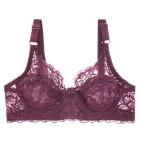 夏季超薄款大胸显小大码内衣女胸罩文胸无钢圈聚拢收副乳防下垂 酱红[有钢圈无海绵] 70B /32B