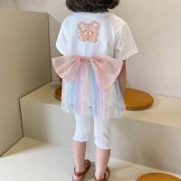 2021新款夏装女童渐变网纱粉色短袖T恤蝴蝶结可爱洋气仙女小女孩 白色 90 建议身高80-90