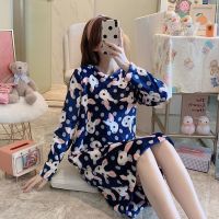 睡裙女夏法兰绒春秋睡衣女冬长袖睡裙长款韩版学生宽松大码家居服 [法兰绒睡裙]蓝兔 M 70-90斤