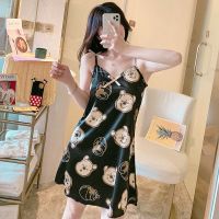 睡裙女冰丝吊带裙带胸垫性感睡衣夏季无袖吊带背心外穿家居服女 冰丝裙*黑维尼熊 M 推荐[75-90斤]
