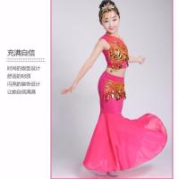 六一儿童民族舞蹈服孔雀舞演出服装女童少儿傣族鱼尾裙肚皮舞长裙 玫红色 110