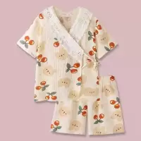 少女心炸裂日系可爱樱桃熊和服棉纱布睡衣女夏天短裤家居服两件套 樱桃小熊和服 [两件套] S 建议90斤以下
