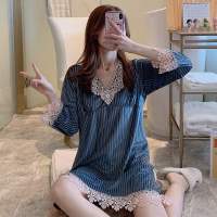 581 浅蓝裙 M 金丝绒睡衣女春秋冬性感吊带睡裙两件套镂空蕾丝舒适长袖家居服女