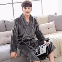 新灰色浴袍男 L 秋冬季法兰绒睡袍加厚男士睡衣秋冬款珊瑚绒青年浴袍保暖加绒长款