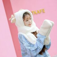 白色 成人款 帽子围巾手套三件套一体冬可爱鹿角双层毛绒保暖学生连帽围脖套装