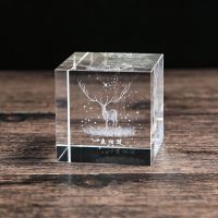 麋 鹿 60mmX60mm正方体（蓝色纸盒） (简约水晶方体创意毕业季生日礼物摆件送女生男朋友闺蜜同学小礼