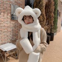 M耳白色 加厚帽子女士秋冬季可爱冬天毛绒绒围巾一体护耳保暖手套三件套潮