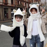 成人款-白色 韩版可爱卡通动物猫耳朵兔毛加厚保暖三件套,帽子围巾手套一体