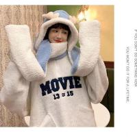 蓝色拼接 秋冬加厚保暖可爱卡通鹿角帽子围巾手套一体帽三件套学生连体帽女