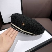 黑色（高品质） 可调节 小香风珍珠贝雷帽子女羊毛呢编织八角帽韩版潮日系复古蓓蕾画家帽