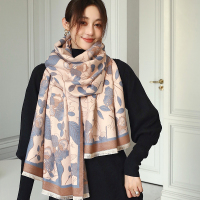 俏丽花颜-粉蓝色 围巾女秋冬季百搭加厚保暖仿羊绒羊毛双面披肩外搭两用围脖温柔风