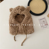 咖啡色 小熊耳朵一体帽 M(56-58cm) 小熊耳朵帽子女秋冬季可爱冬天毛绒围巾一体韩版护耳保暖围脖防寒