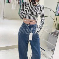 黑白条纹 S 2021秋条纹修身T恤短款漏肚脐小众抽绳系带垫肩长袖打底衫上衣女