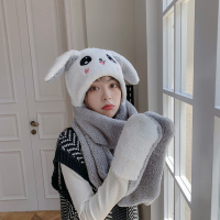舒棉绒小兔耳朵白灰(成人款) 帽子女秋冬季百搭小兔耳朵毛绒可爱手套围巾一体骑车保暖三件套潮