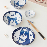 柯基蓝色6件套 共禾京品 御宅独角戏一人食餐具6件套釉下彩萌猫印花自用送礼佳品
