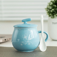杯+盖+陶瓷勺四叶草蓝 杯子创意陶瓷马克杯情侣杯水杯陶瓷杯带盖勺咖啡杯办公杯学生杯