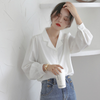 白色 S 建议85-100斤 职业雪纺泡泡袖白衬衫女秋款法式v领正装面试工作服气质长袖上衣