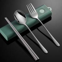 304不锈钢套装 原钢本色筷叉勺+静音盒 抗菌不锈钢便携餐具304筷子勺子叉子套装上班族学生儿童2/3件套装