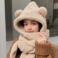 帽子围巾-米黄色 成人均码 jennie同款小熊帽子女冬季韩版百搭毛绒围巾连帽一体可爱耳朵保暖