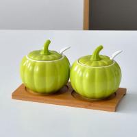 绿色南瓜+套二竹板 创意陶瓷调味瓶调味罐套装家用厨房用品味精南瓜油盐罐佐料调料盒